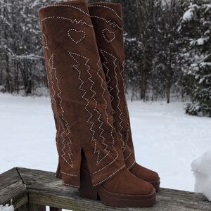 Cape Robbin Brown Heeled Boots with Heart and Zigzag Studs